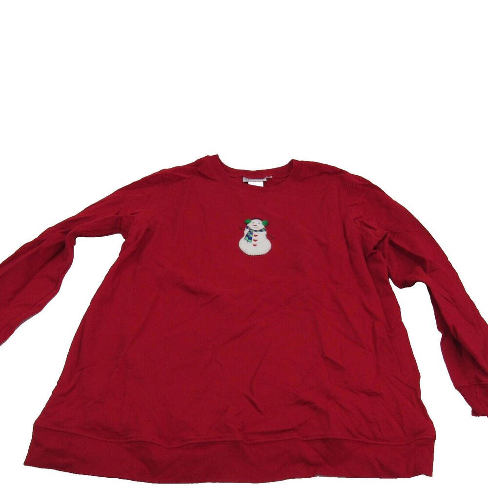 Mark & Mazie Woman's Tee shirt Snow Man Long sleeve Size Large Red 100%‎ cotton